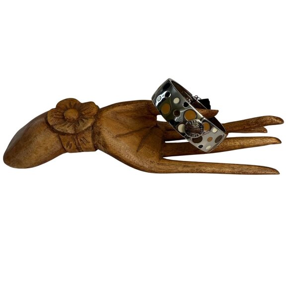 NWT Cookie Lee Silver-Tone Tan Brown Polka Dot Hinged Clamper Bangle Bracelet - Picture 1 of 5